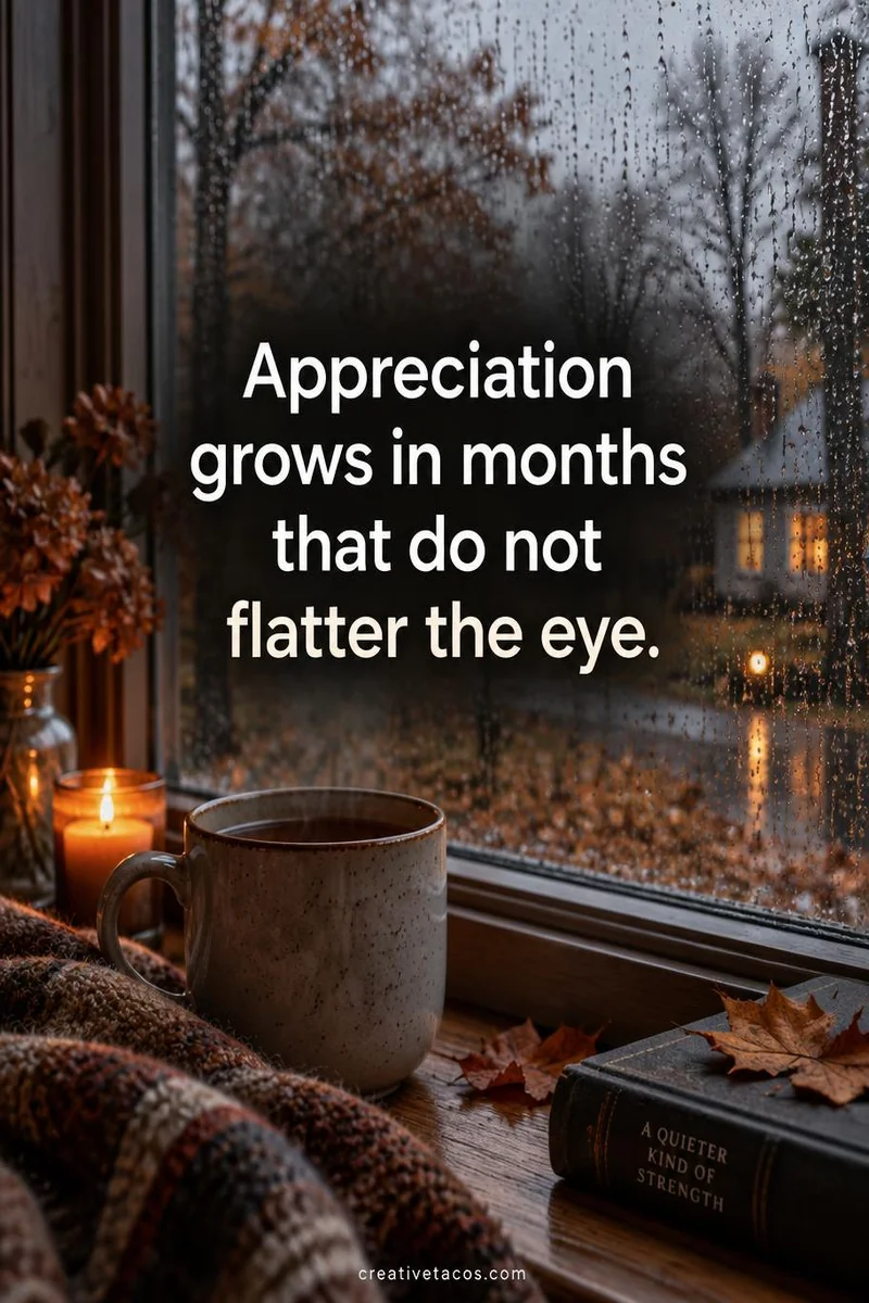 Quote card: Appreciation grows in months that do not flatter the eye.