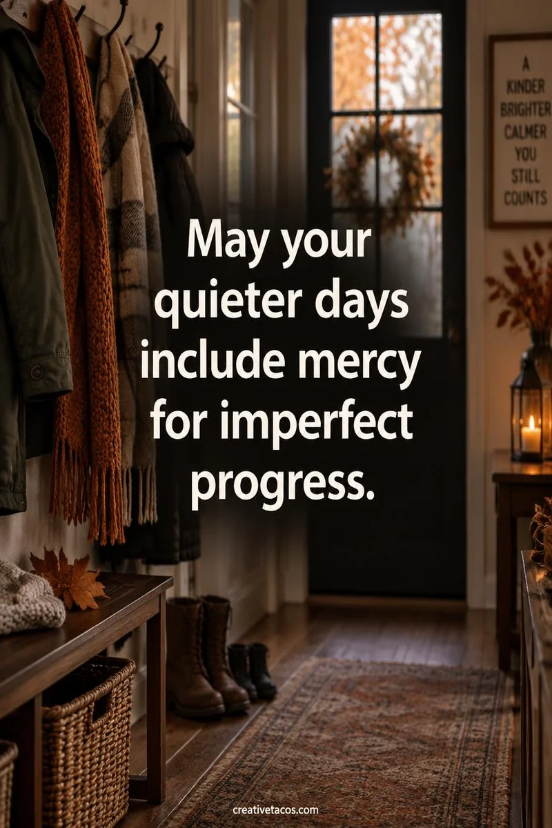 Quote card: May your quieter days include mercy for imperfect progress.