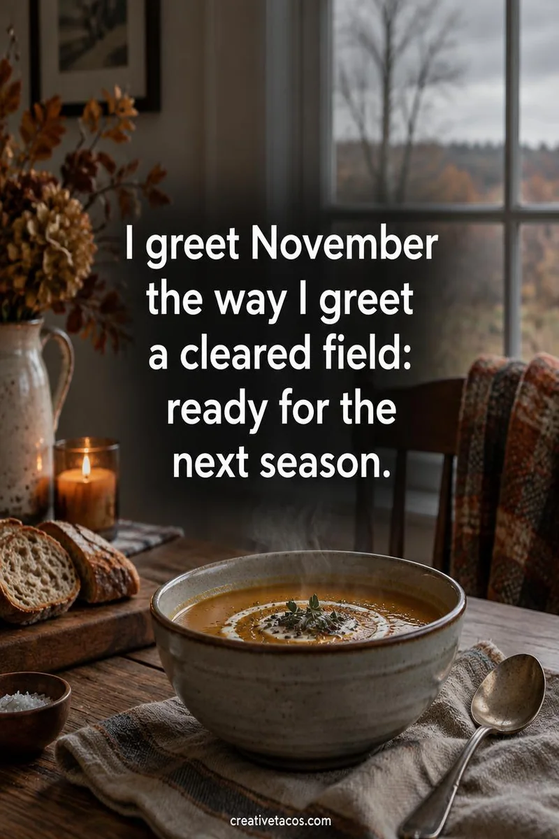 Quote card: I greet November the way I greet a cleared field: ready for the next season.