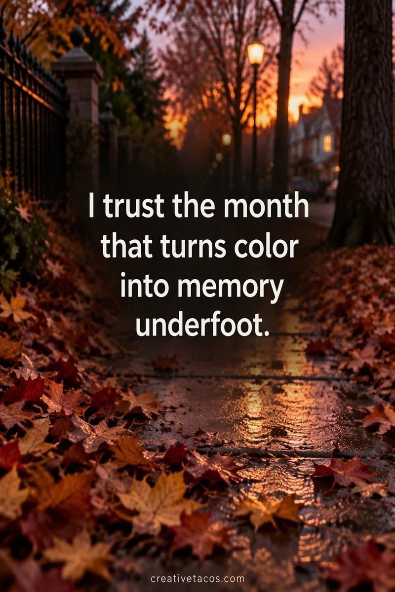 Quote card: I trust the month that turns color into memory underfoot.