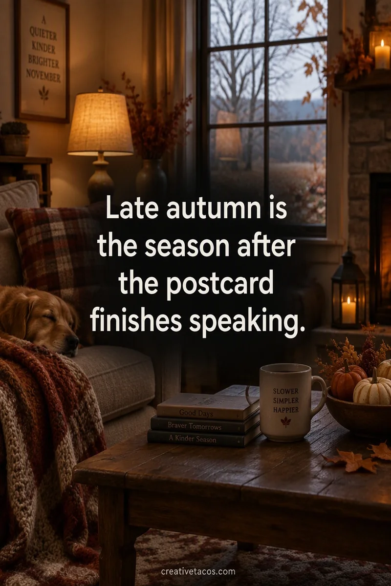 Quote card: Late autumn is the season after the postcard finishes speaking.