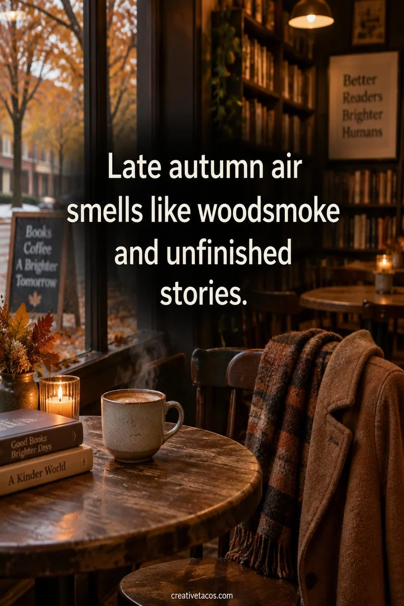 Quote card: Late autumn air smells like woodsmoke and unfinished stories.