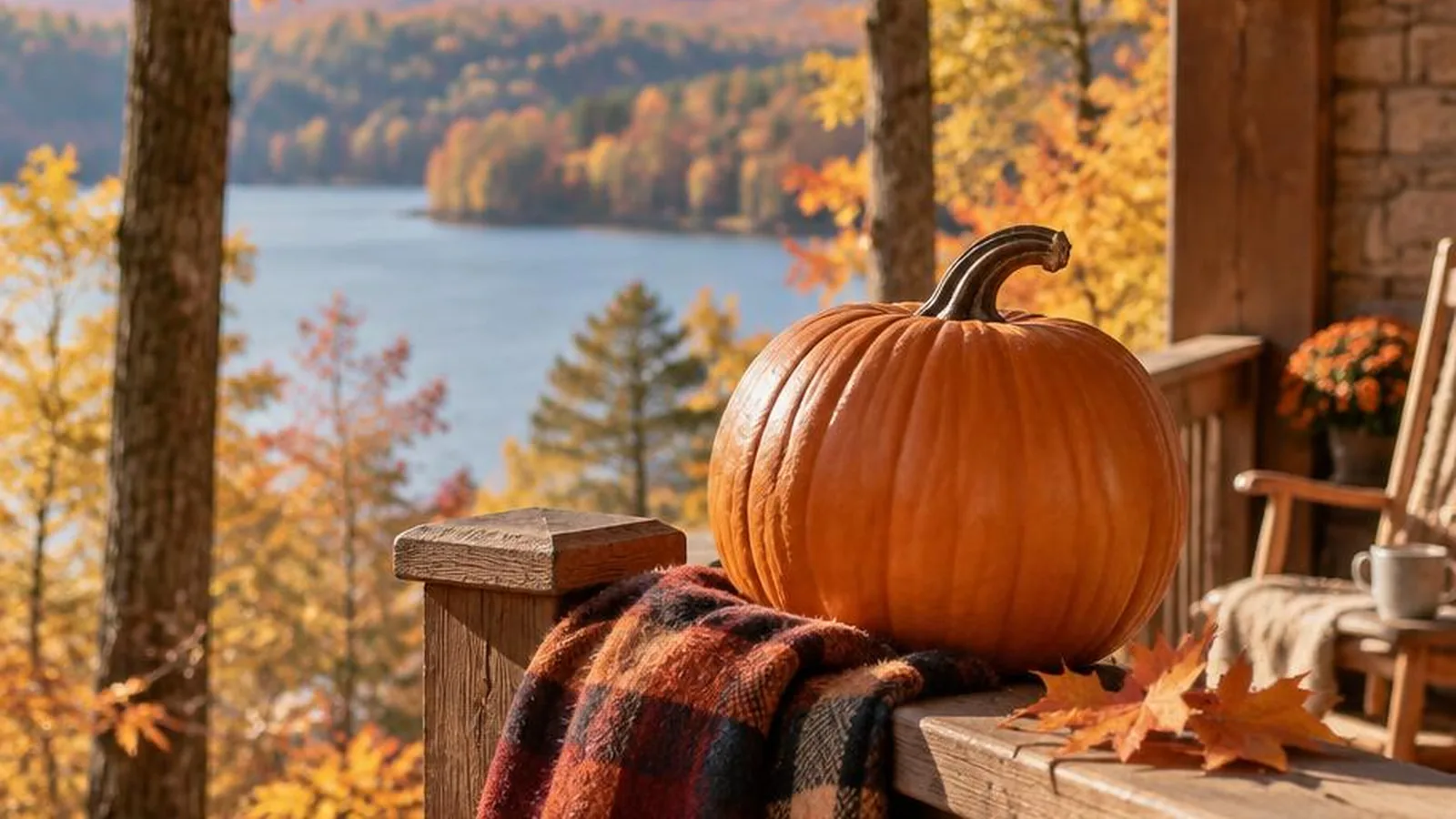 A crisp October porch with a pumpkin, a flannel scarf, and golden maple leaves in soft afternoon light.