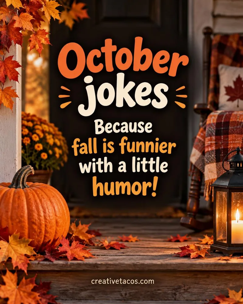 october joke card with cozy seasonal props and a creativetacos.com footer