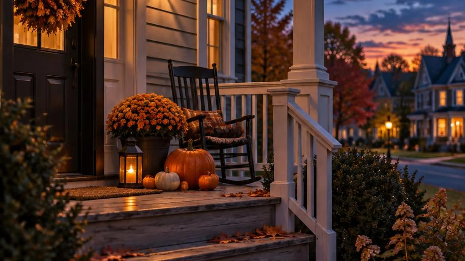 October twilight porch with early lamp light and indigo sky.