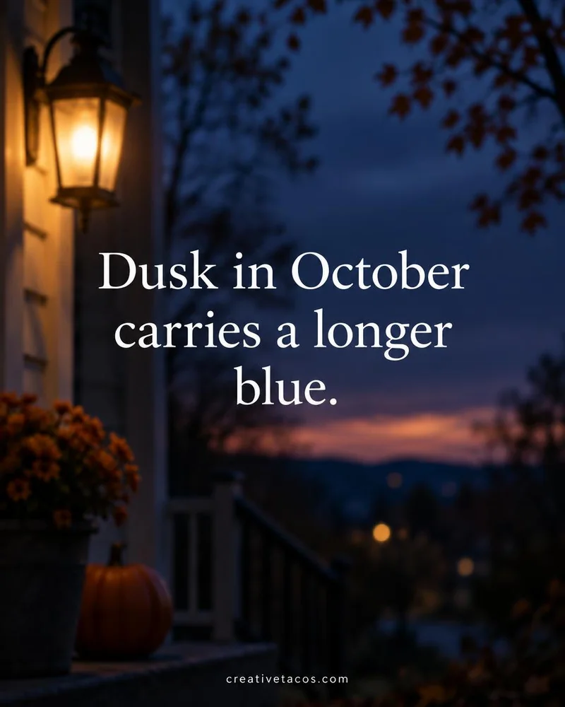 October twilight quote card with indigo sky, porch lamp, and a creativetacos.com footer