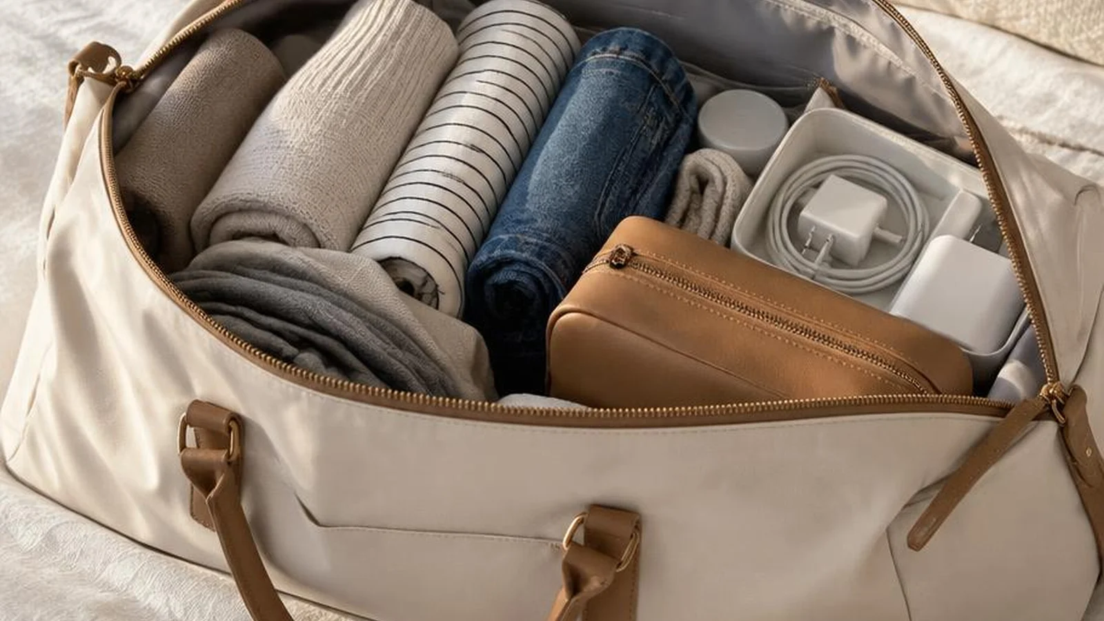 An open weekend duffel with rolled clothes, toiletry pouch, and charger kit on a bed