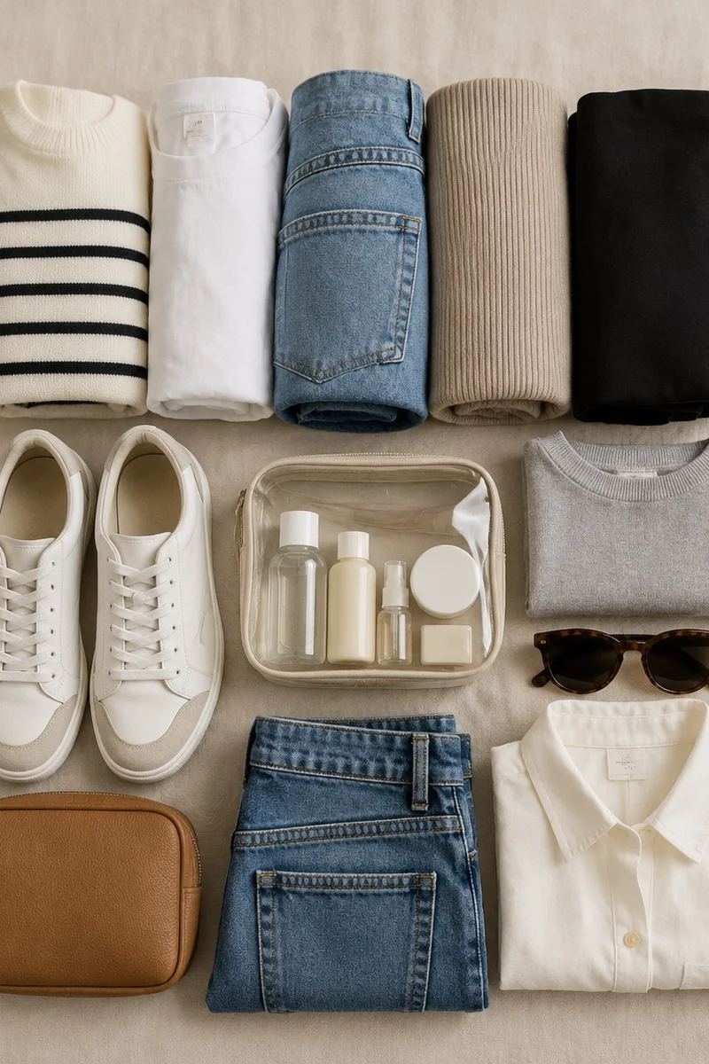 Compact weekend capsule: rolled outfits, flat shoes, and a clear pouch with mini toiletries
