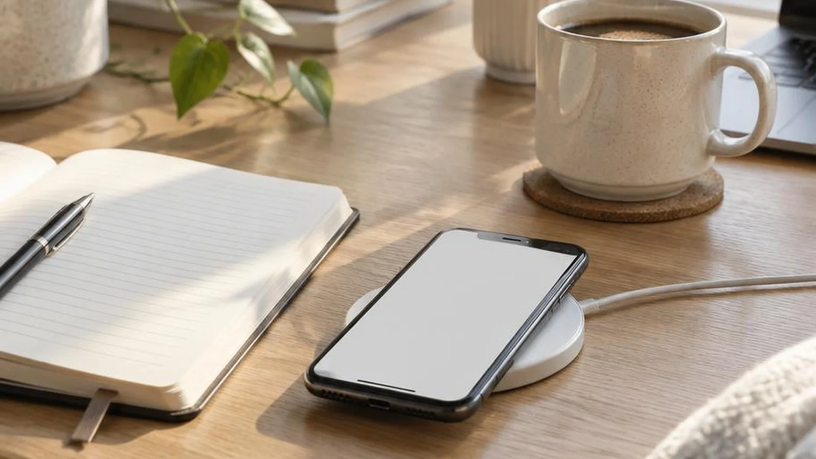 A phone on a charger beside a notebook and coffee with soft morning window light