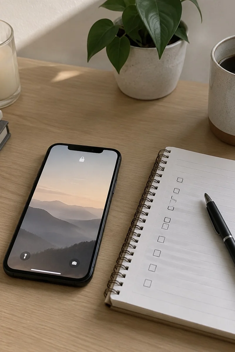 Phone lock screen with minimal notifications next to a simple focus checklist on paper