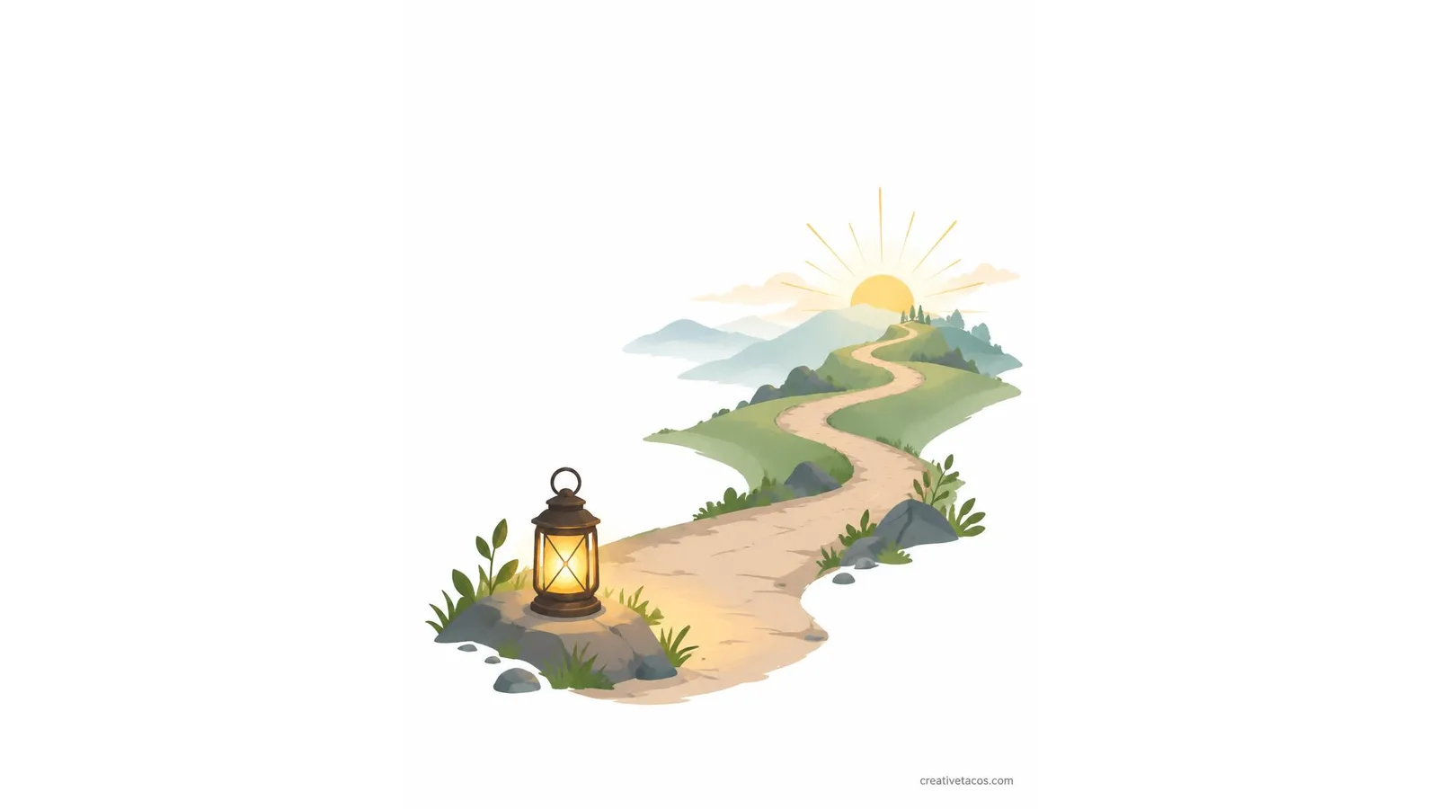 White-background illustration of a lantern and hopeful path for hard-day positivity