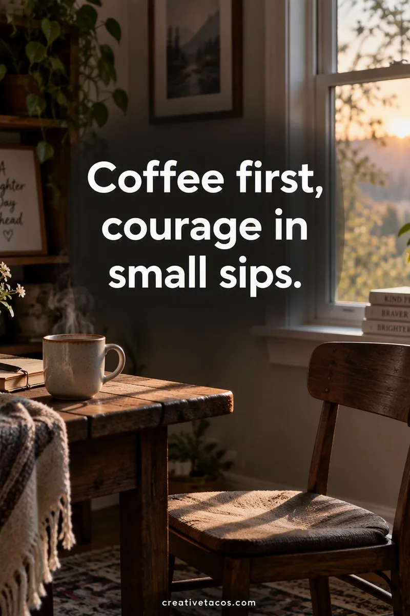 Quote card: Coffee first, courage in small sips.