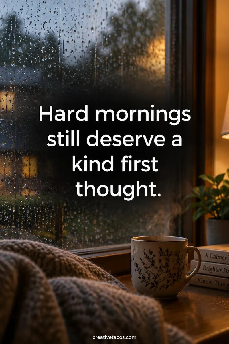 Quote card: Hard mornings still deserve a kind first thought.