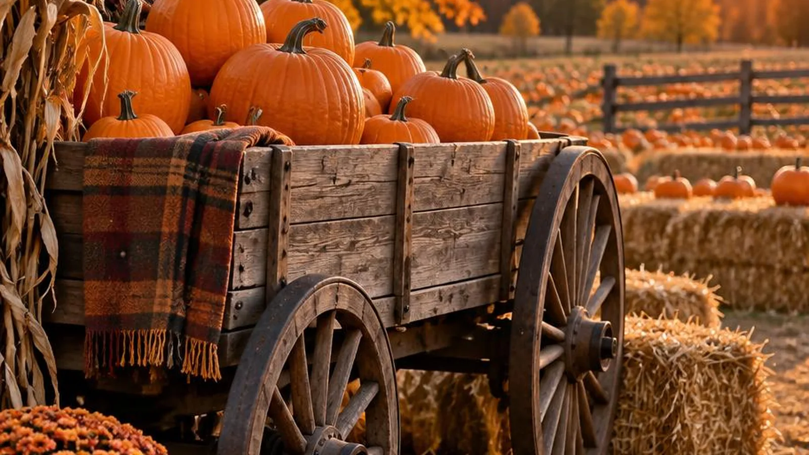 A pumpkin patch wagon with orange pumpkins, hay bales, and soft golden autumn light.
