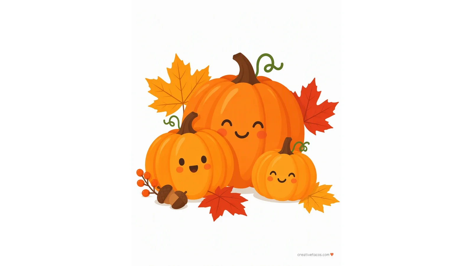 Clean illustration of pumpkins and autumn leaves on a white background.