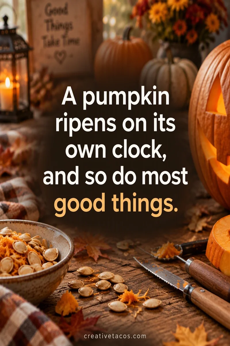 Quote card: A pumpkin ripens on its own clock, and so do most good things.