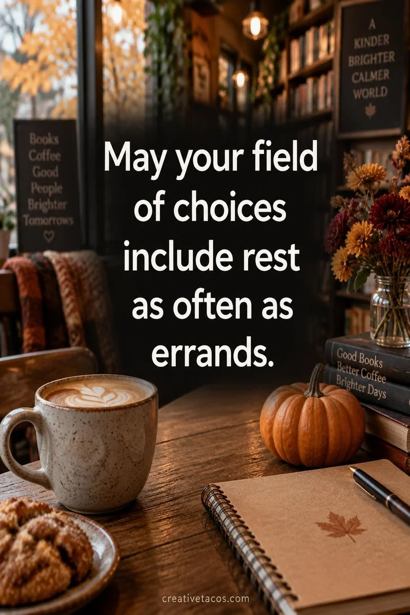 Quote card: May your field of choices include rest as often as errands.