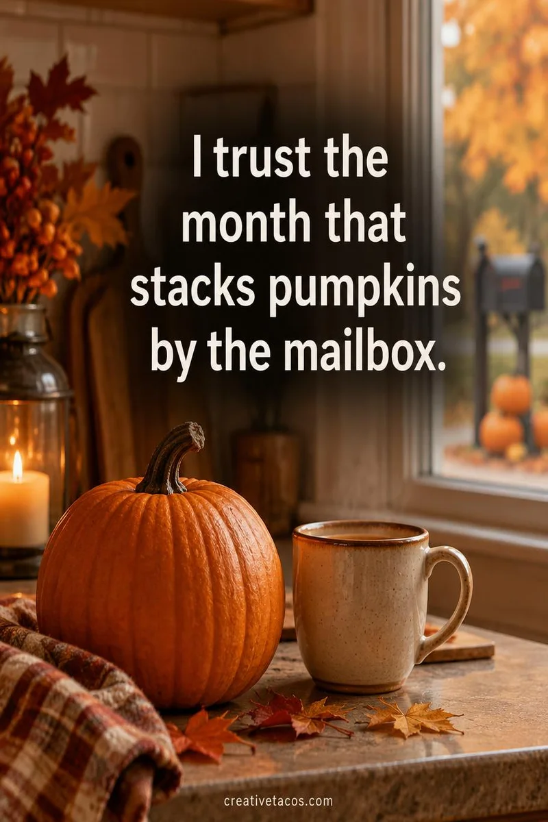 Quote card: I trust the month that stacks pumpkins by the mailbox.