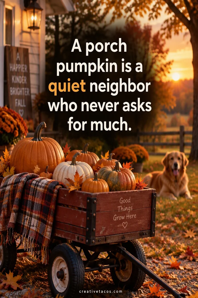 Quote card: A porch pumpkin is a quiet neighbor who never asks for much.