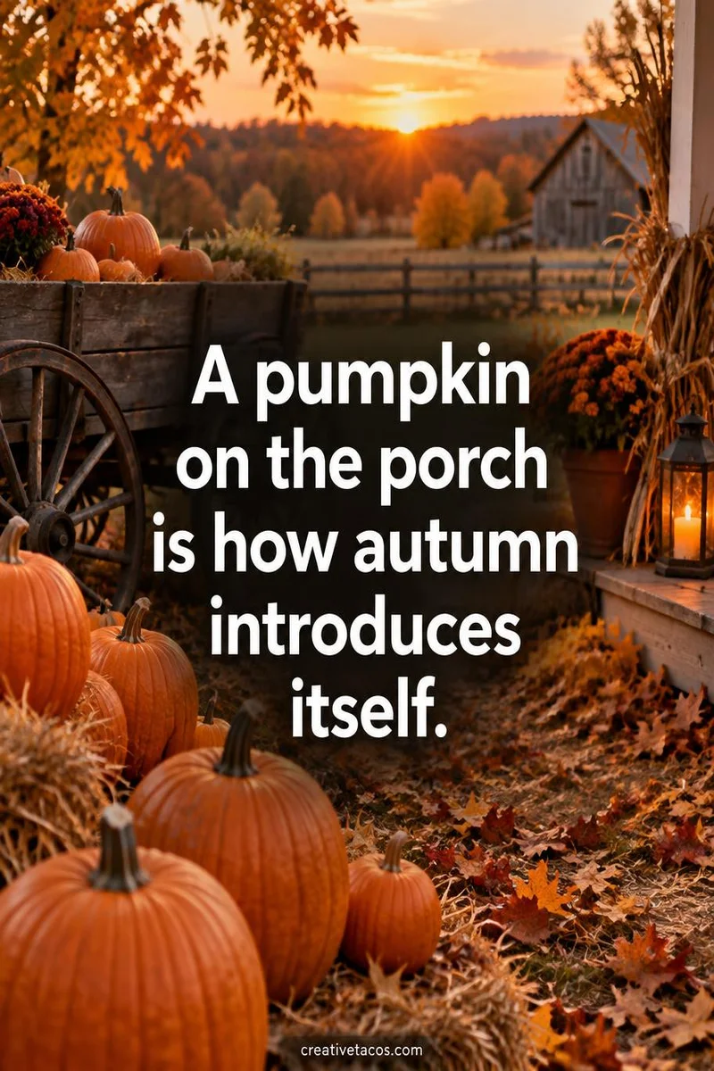 Quote card: A pumpkin on the porch is how autumn introduces itself.