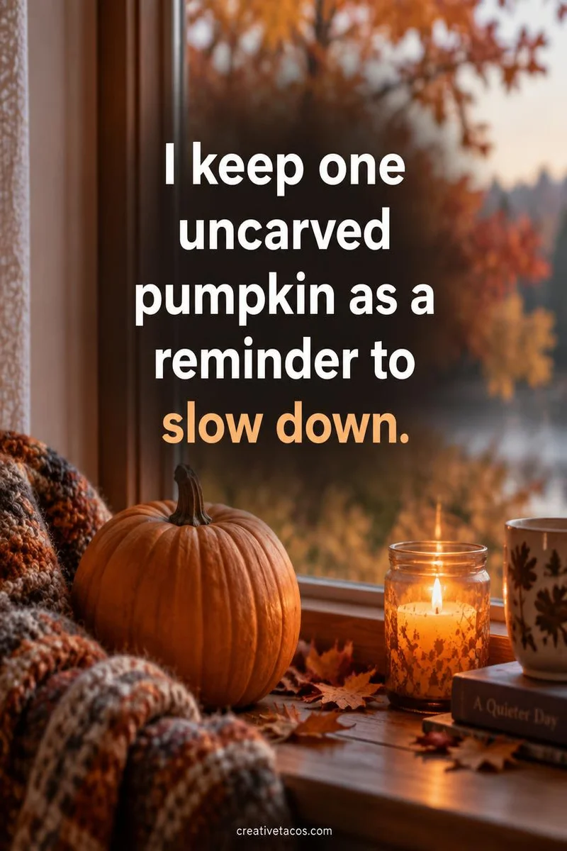 Quote card: I keep one uncarved pumpkin as a reminder to slow down.