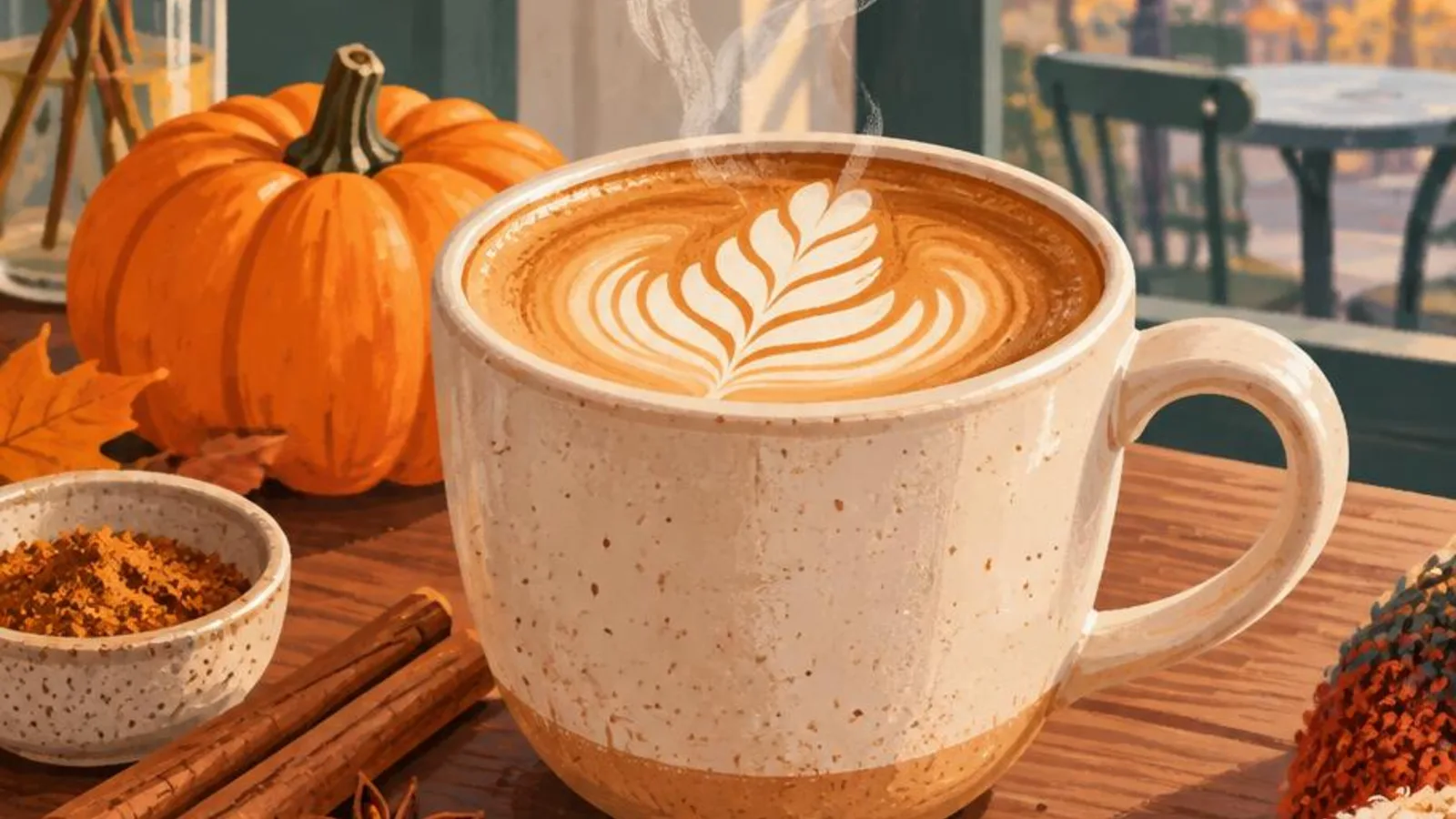 Pumpkin spice latte with cinnamon sticks, nutmeg, and autumn leaves on a cafe table