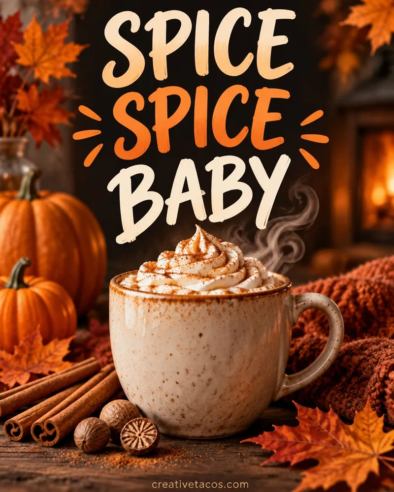 Pun card that says Spice spice baby with a latte, cinnamon, and a creativetacos.com footer