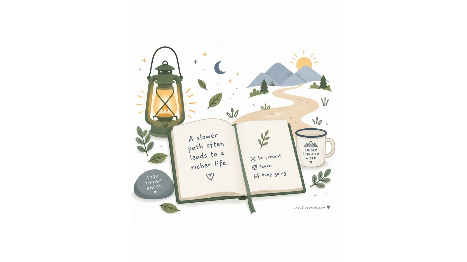 Clean illustration of an open path, small lantern, and notebook icons on a white background for quotes about life lessons.
