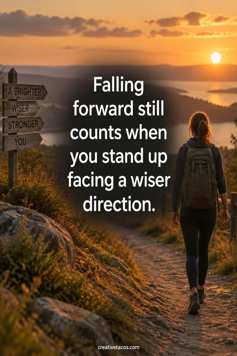 Quote card: Falling forward still counts when you stand up facing a wiser direction.