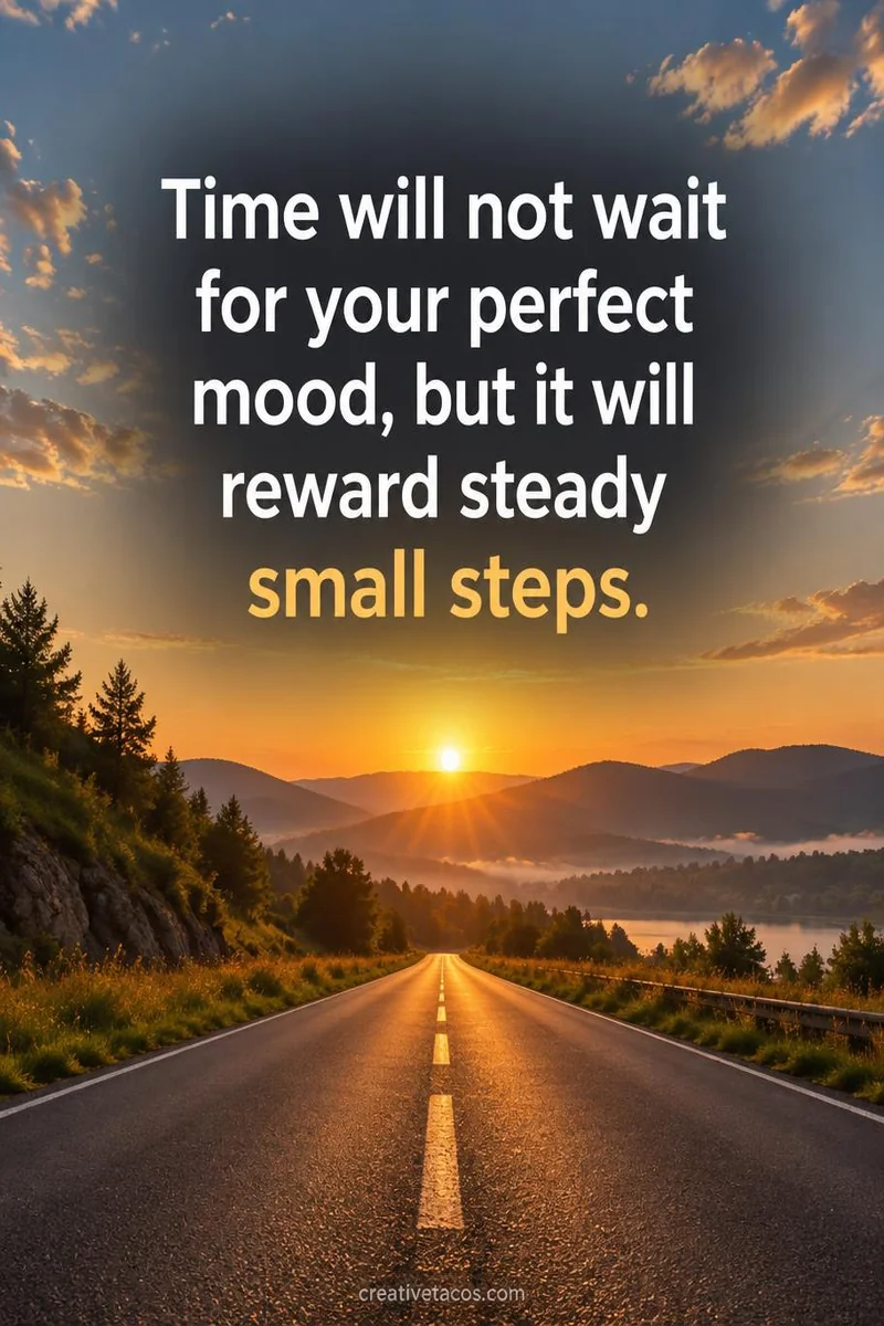 Quote card: Time will not wait for your perfect mood, but it will reward steady small steps.