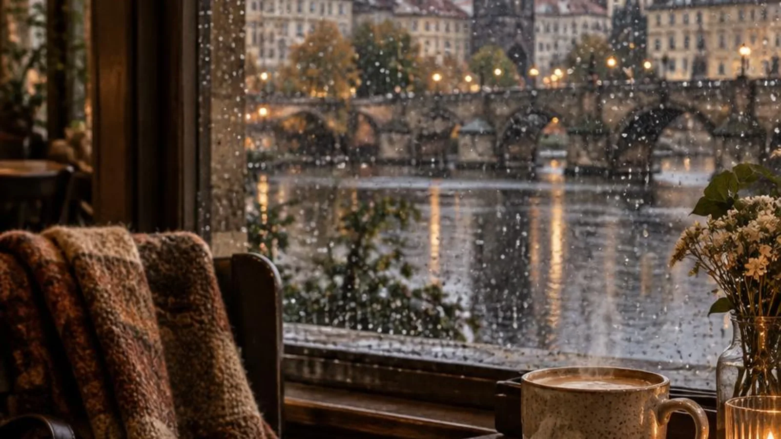 Rain-speckled window with warm cafe light and travel notebook nearby