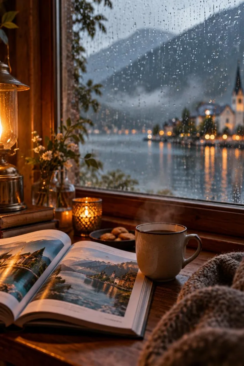 Cozy indoor travel moment with rain light and warm drink