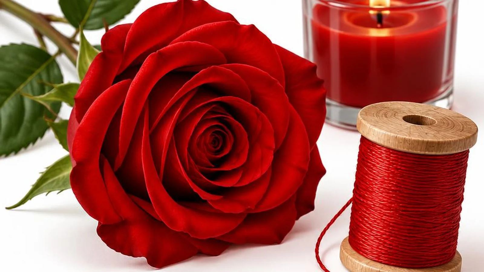 White-background red-theme illustration with rose, thread, and candle.