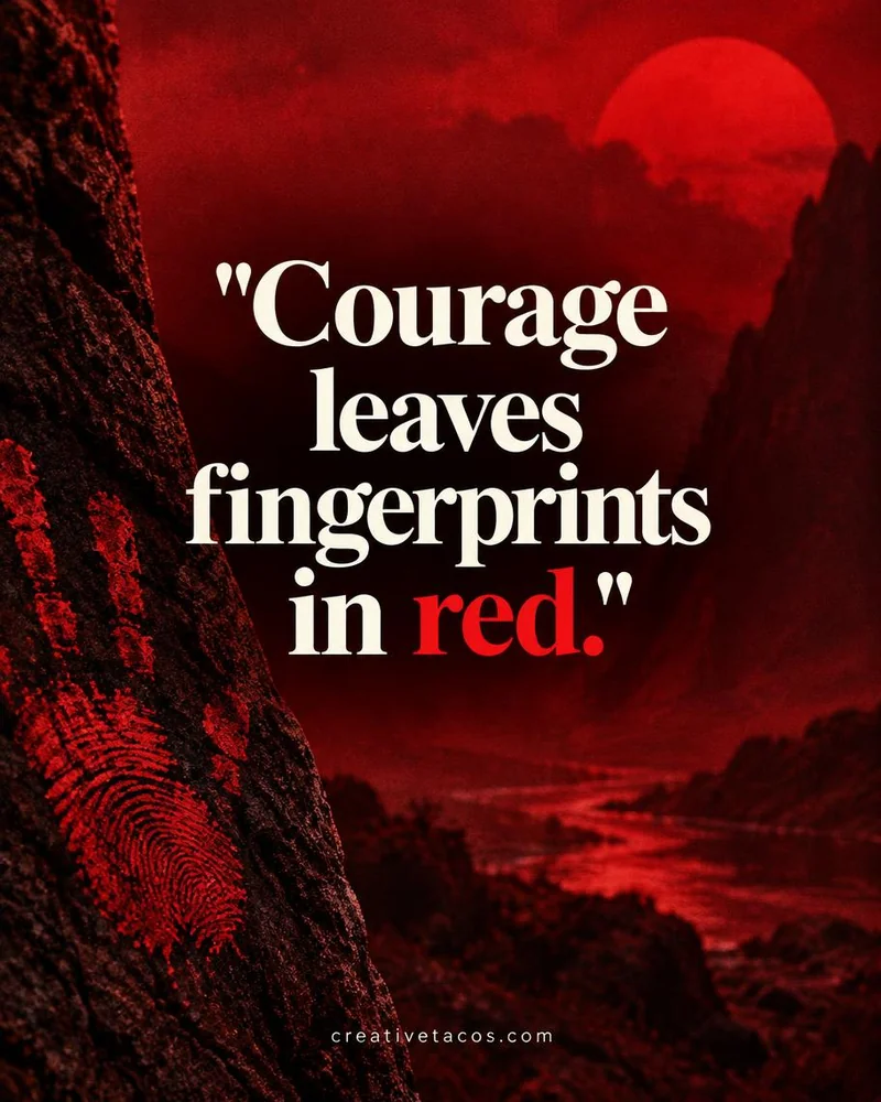 Quote card: Courage leaves fingerprints in red.