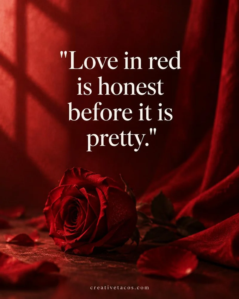 Quote card: Love in red is honest before it is pretty.
