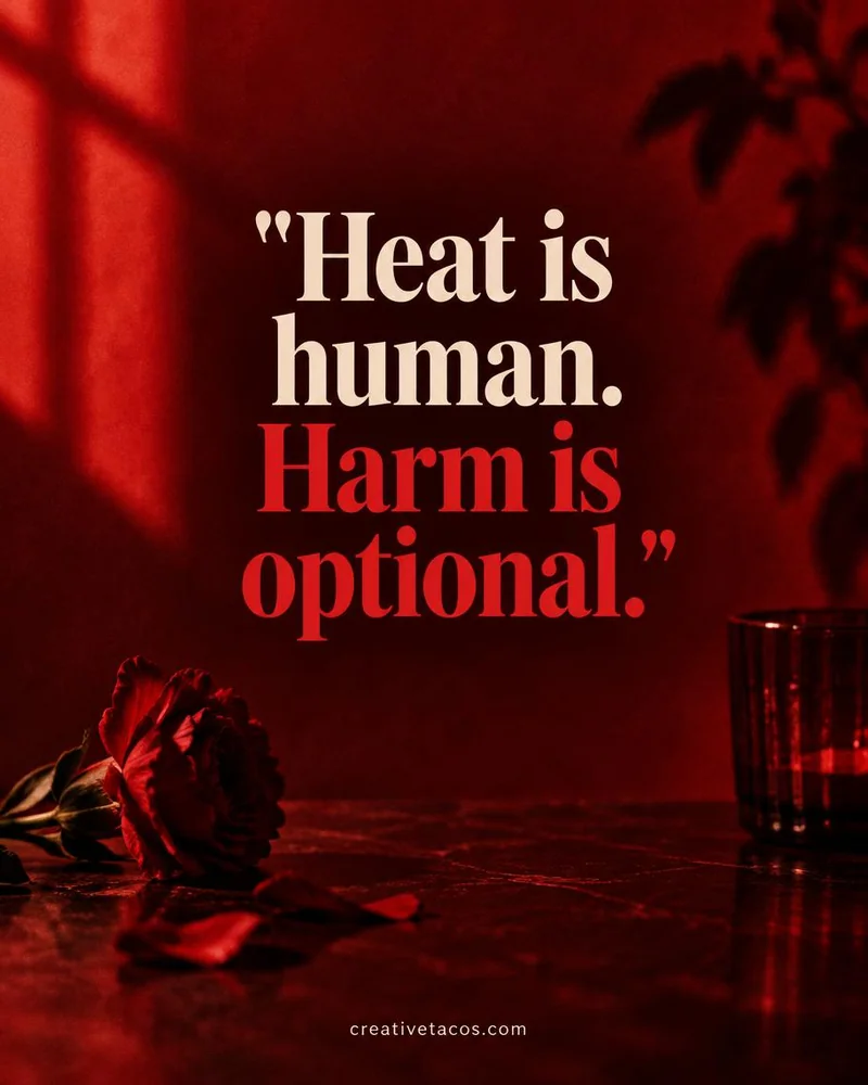 Quote card: Heat is human. Harm is optional.