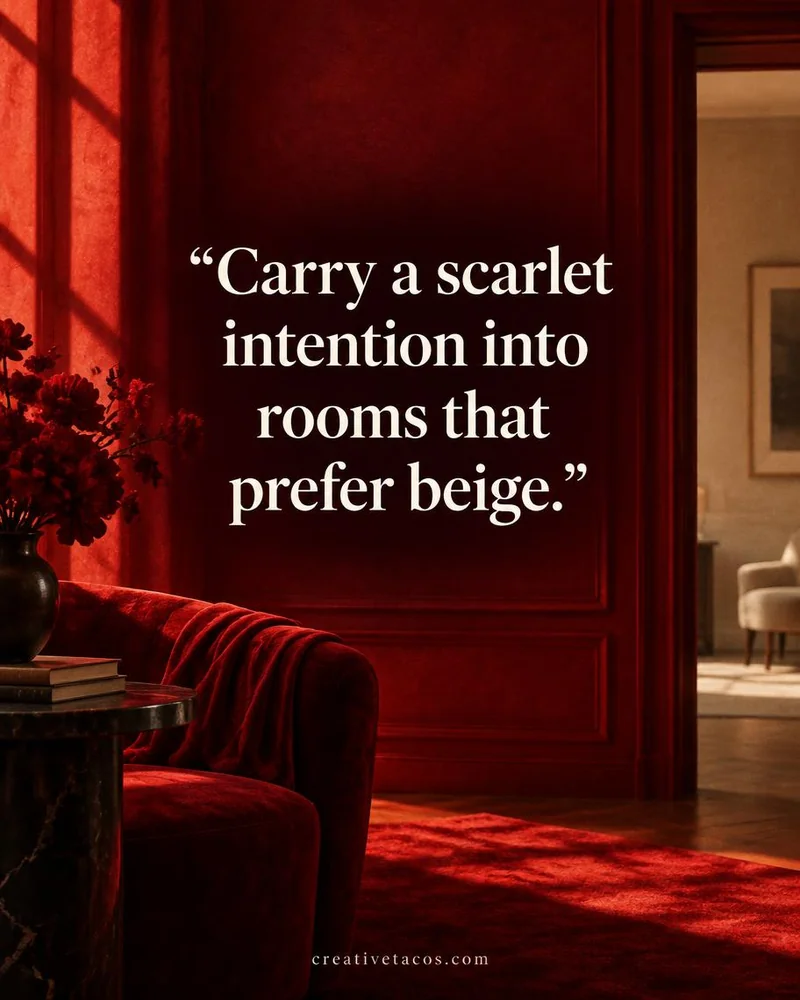 Quote card: Carry a scarlet intention into rooms that prefer beige.
