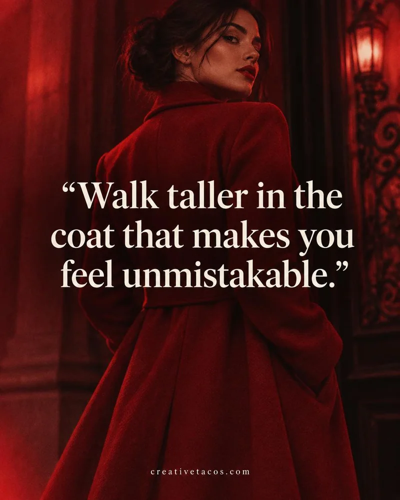 Quote card: Walk taller in the coat that makes you feel unmistakable.