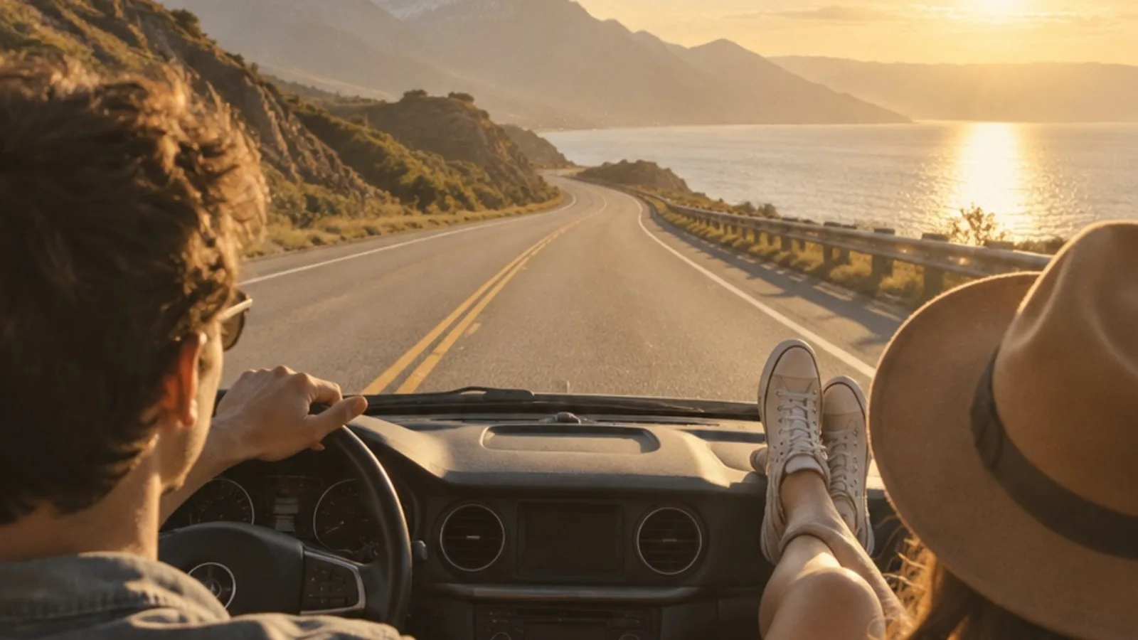 Open road ahead with sunny dashboard light and friendship road trip energy