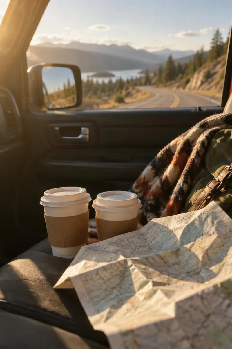 Vertical road trip mood with open sky and friendly travel energy
