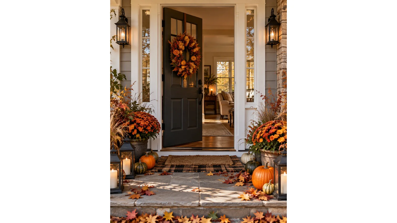 Open front door decorated for fall with wreath and soft afternoon light.