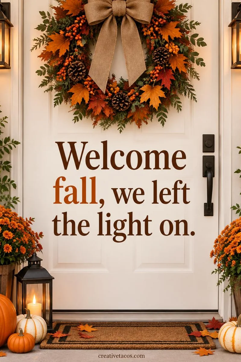 Quote card: Welcome fall, we left the light on.