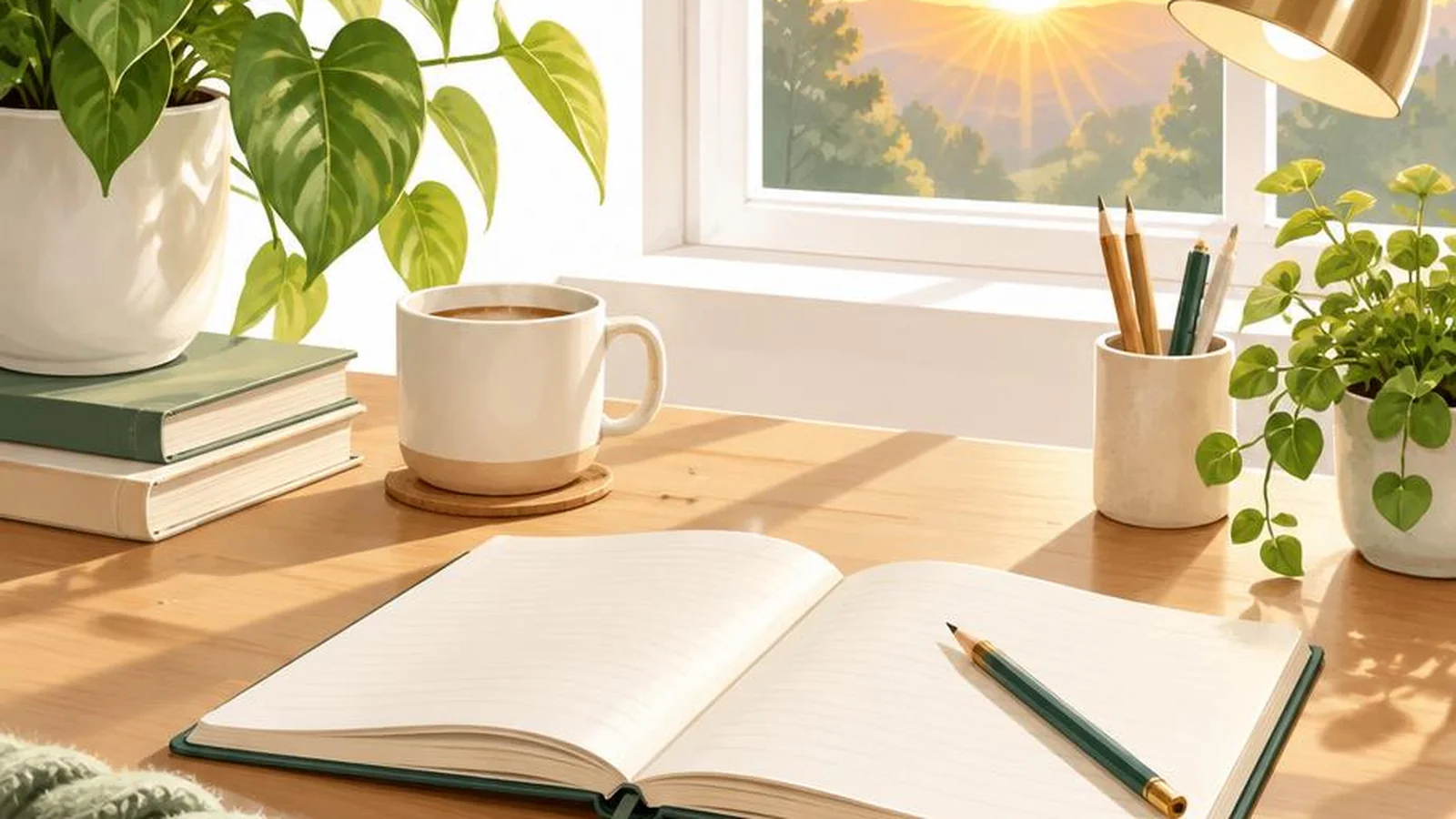 White-background self-motivation illustration with notebook, pencil, and sunrise light.