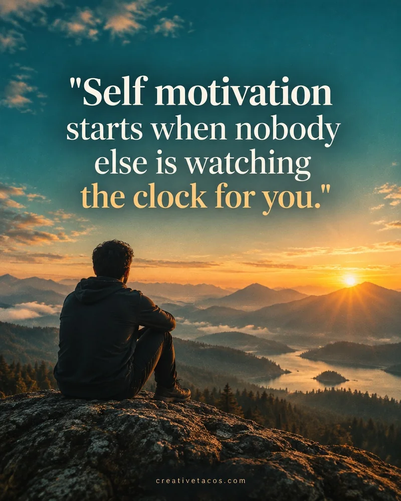 Quote card: Self motivation starts when nobody else is watching the clock for you.