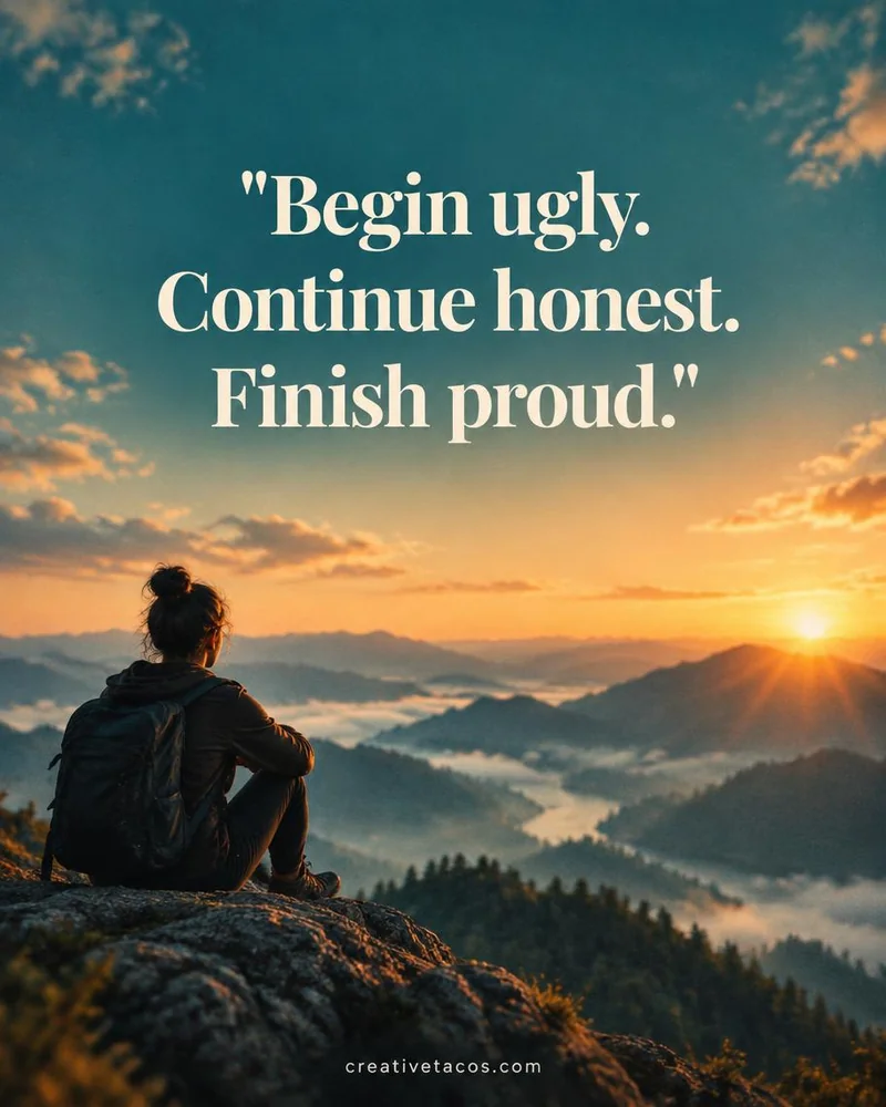 Quote card: Begin ugly. Continue honest. Finish proud.