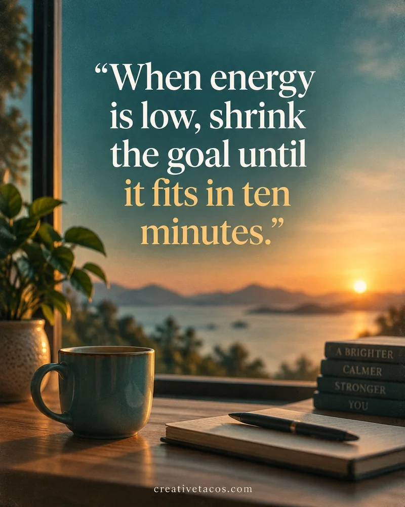 Quote card: When energy is low, shrink the goal until it fits in ten minutes.