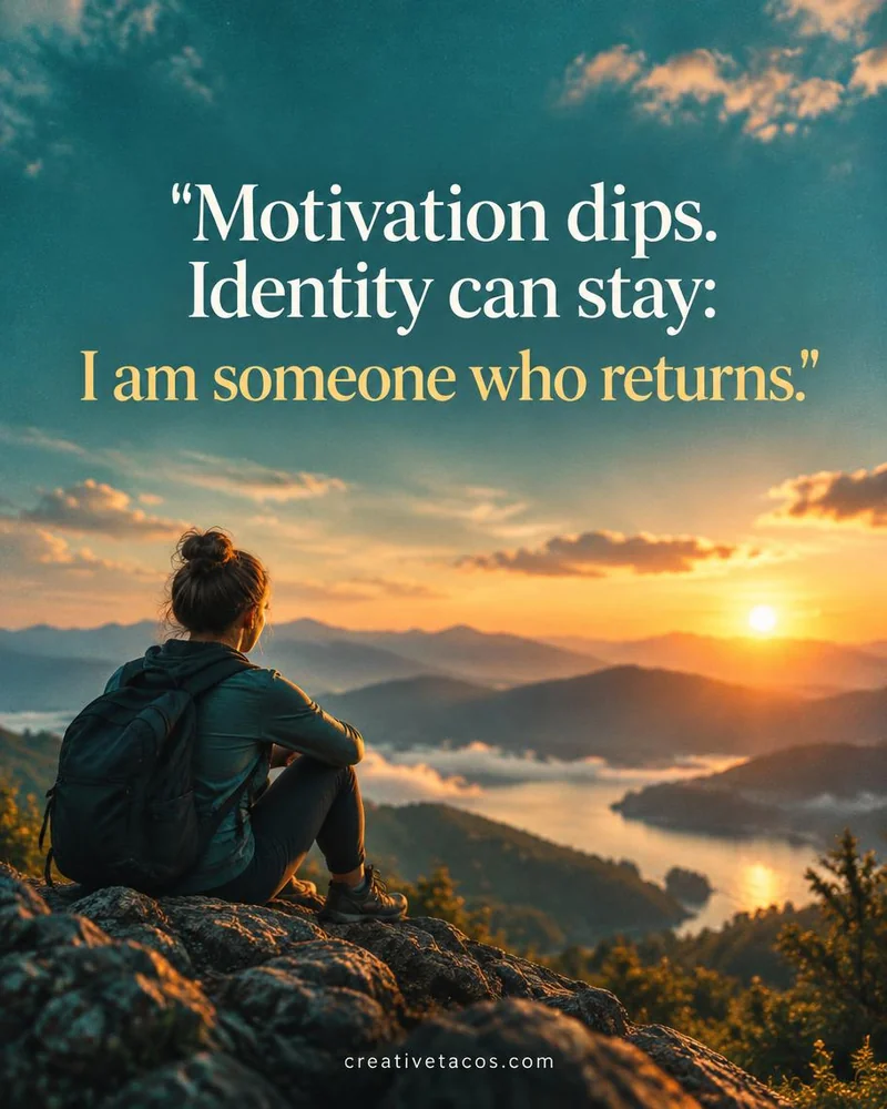 Quote card: Motivation dips. Identity can stay: I am someone who returns.