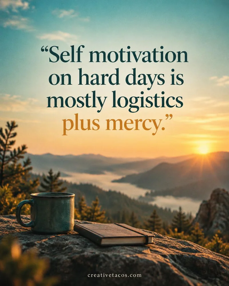 Quote card: Self motivation on hard days is mostly logistics plus mercy.