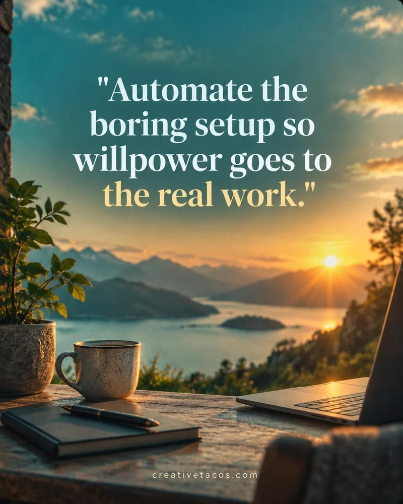 Quote card: Automate the boring setup so willpower goes to the real work.