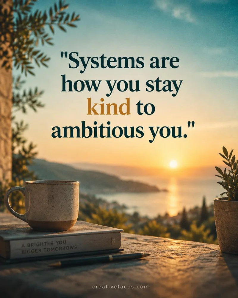 Quote card: Systems are how you stay kind to ambitious you.